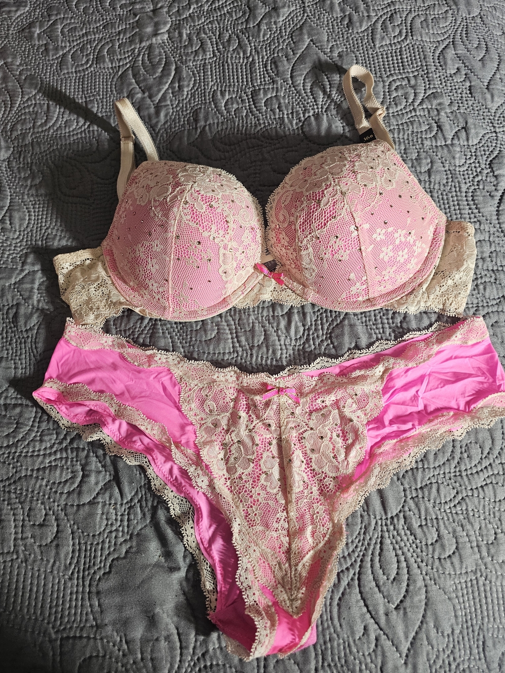 Victoria's Secret Pink and Cream Lace Push-Up Bra & Bikini Set